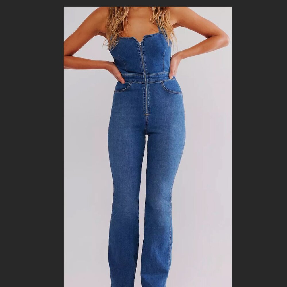 New Free People We The Free Crvy 2nd Ave One Piece Denim Jumpsuit 6 Cerulean